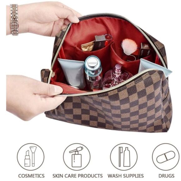 Cosmetic Bag Leather Large Checkered 2 Pack Large Capacity Travel Cosmetic Bag - Picture 4 of 4